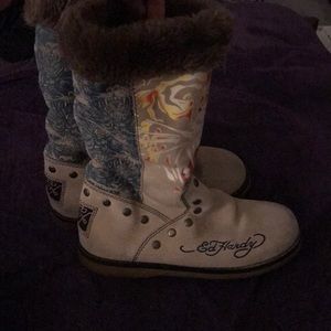 Beige and multicolor mid calf boots